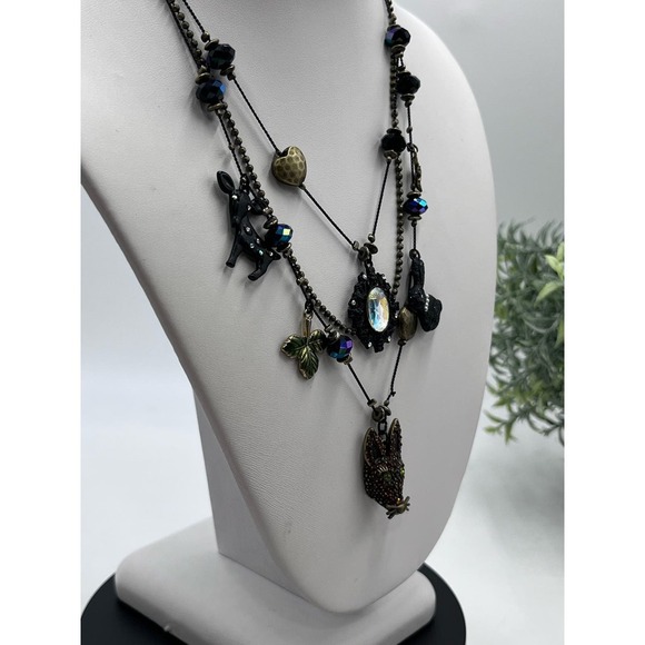 Betsey Johnson Dark Forest Triple Strand Gunmetal Necklace Fox Rabbit Charms - Picture 6 of 16